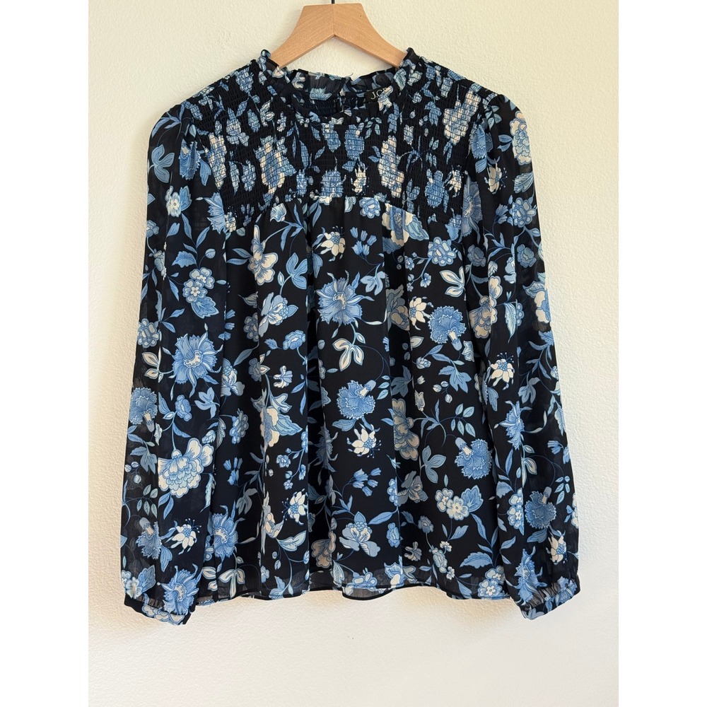 J.Crew Floral Smocked Blouse Size M Navy Blue Boho Ruffle Neck Long Sleeve New